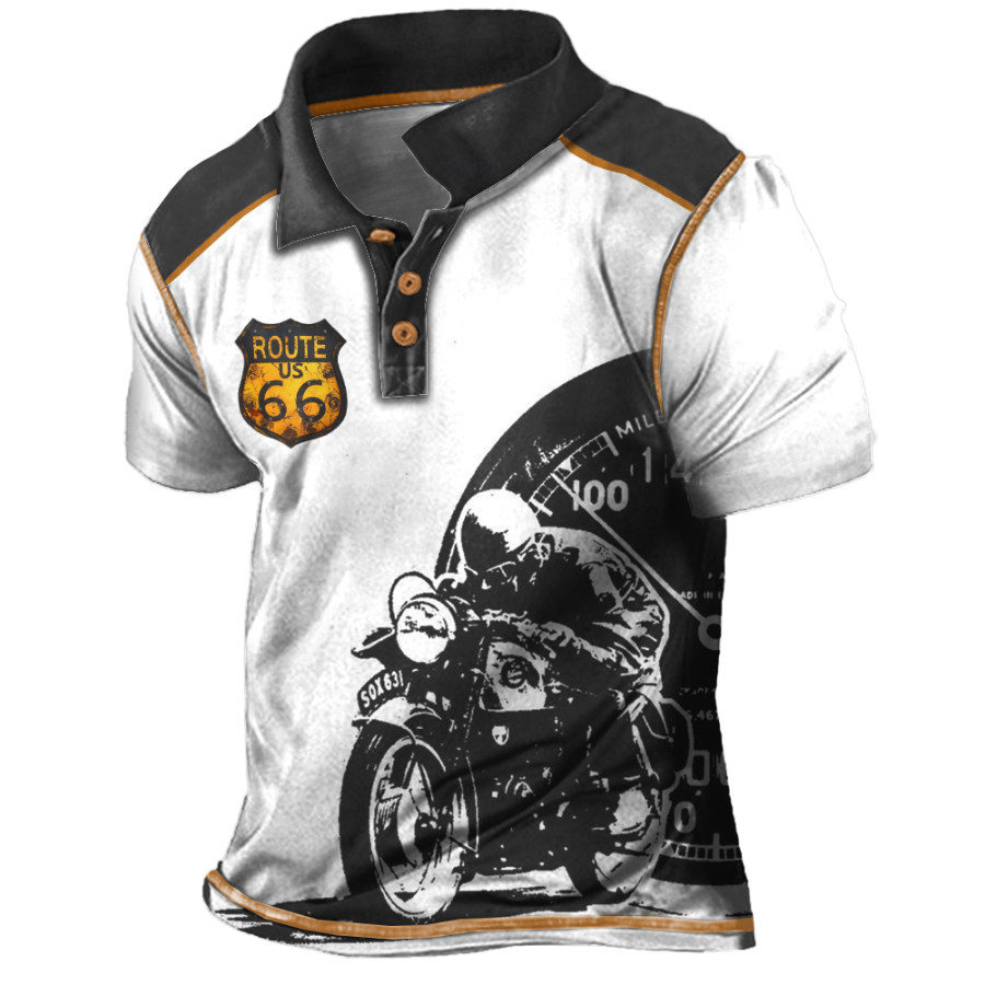 

Men's Vintage Motorcycle Route 66 Print Polo Neck T-Shirt