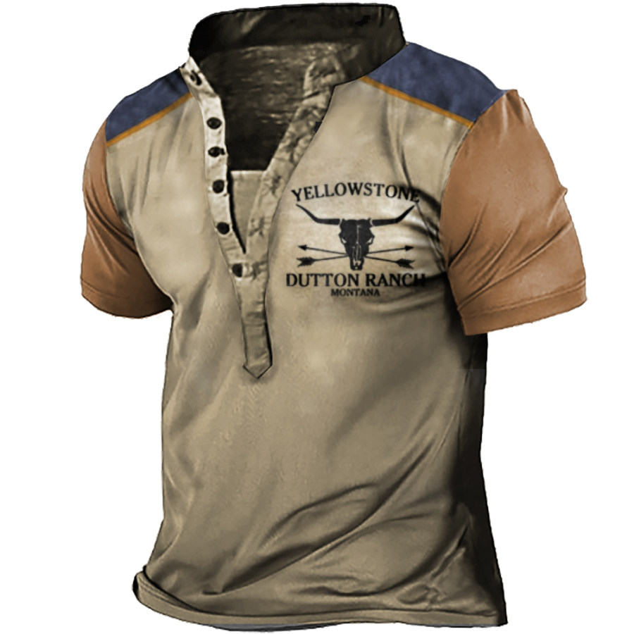 

Men's Vintage Yellowstone Skull Bull Contrast Henley Collar T-Shirt