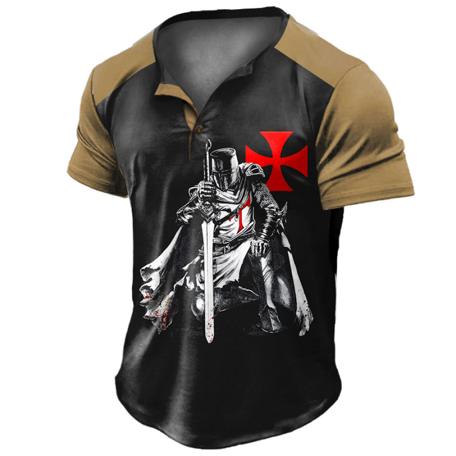 

Men's Vintage Crusader Templar Knight Colorblock Henley T-Shirt