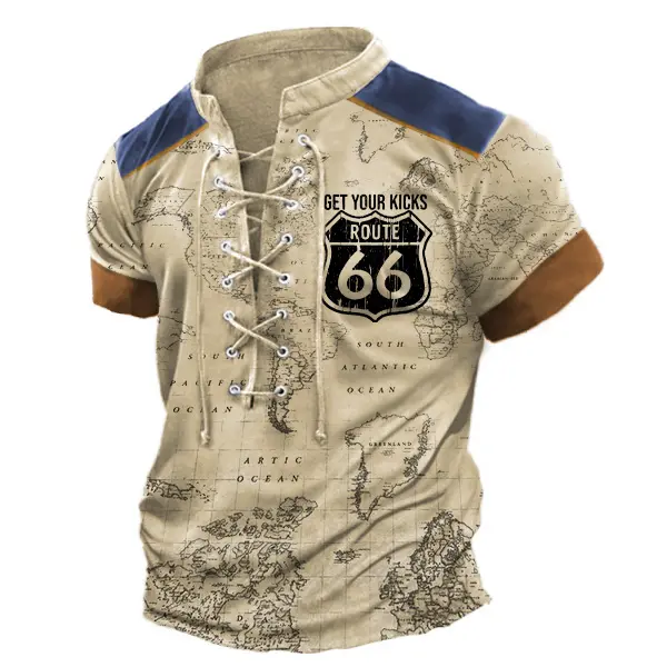 Men's Vintage World Map Route 66 Lace-Up Stand Collar T-Shirt - Chrisitina.com 