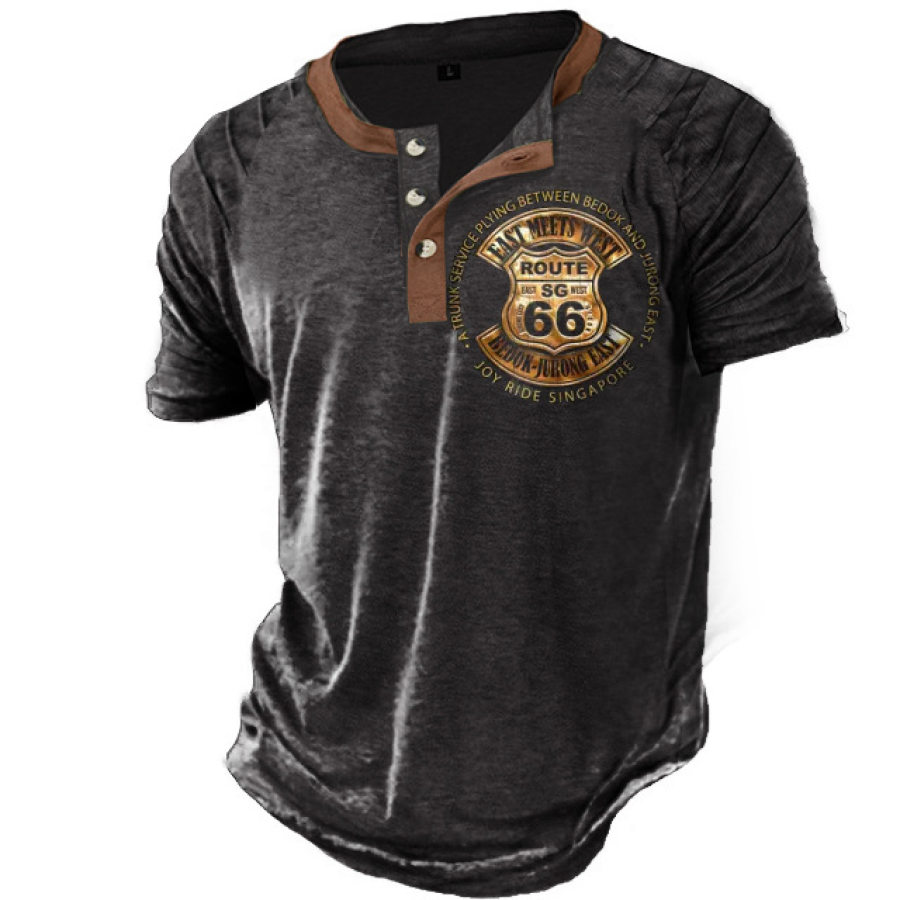 

Camiseta Masculina Vintage Route 66 Com Estampa Henley Gola Alta