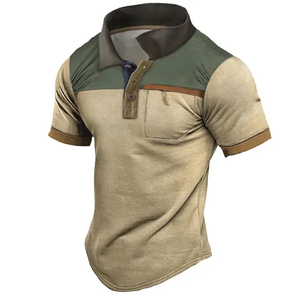 Men's Outdoor Vintage Tactical Colorblock Pocket Polo Short Sleeve T-Shirt - Kalesafe.com 