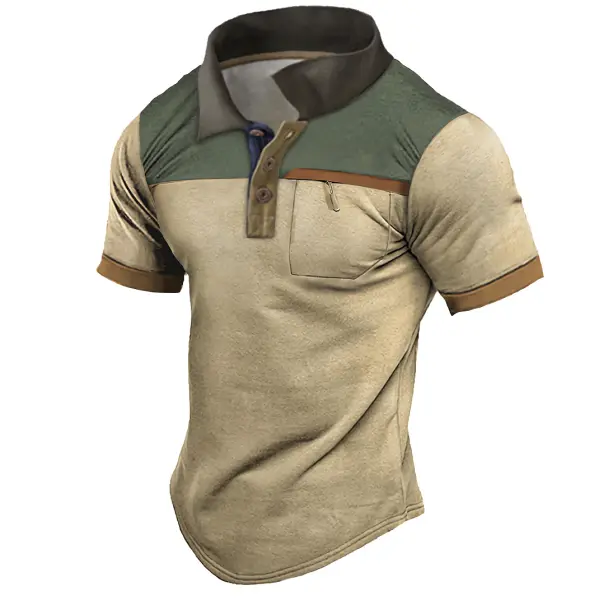 Men's Outdoor Vintage Tactical Colorblock Pocket Polo Short Sleeve T-Shirt - Chrisitina.com 