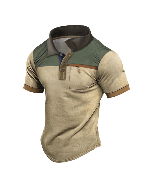 Men's Outdoor Vintage Tactical Colorblock Pocket Polo Short Sleeve T-Shirt