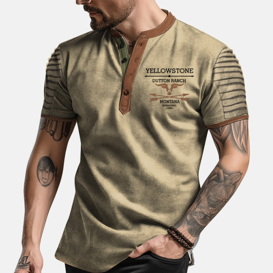 

Men's Vintage West Yellowstone Pleated Henley Neck T-Shirt