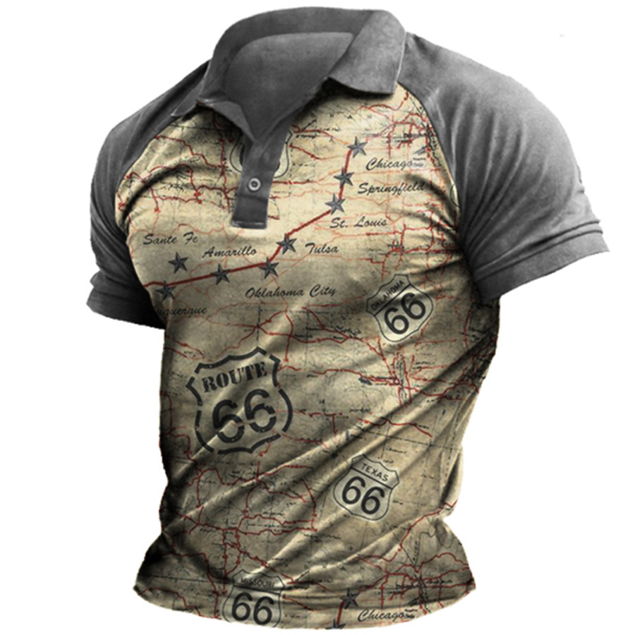 

Men's Vintage Route 66 Print Colorblock Polo Neck T-Shirt
