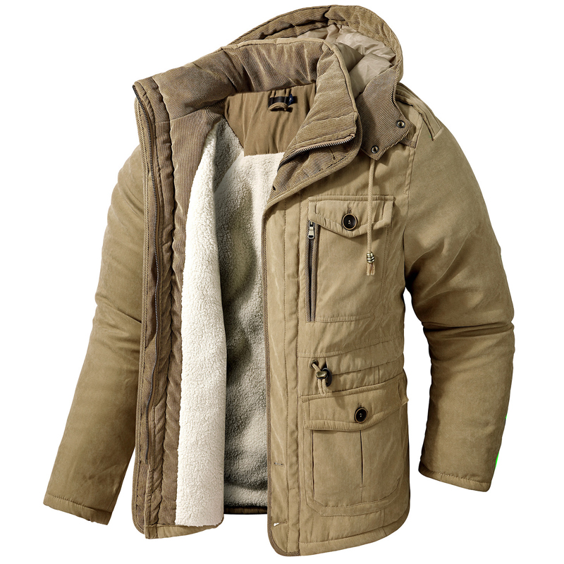 Men's Cashmere Hooded Thickened Chic Multi Pocket Casual Coat Padded Jacket