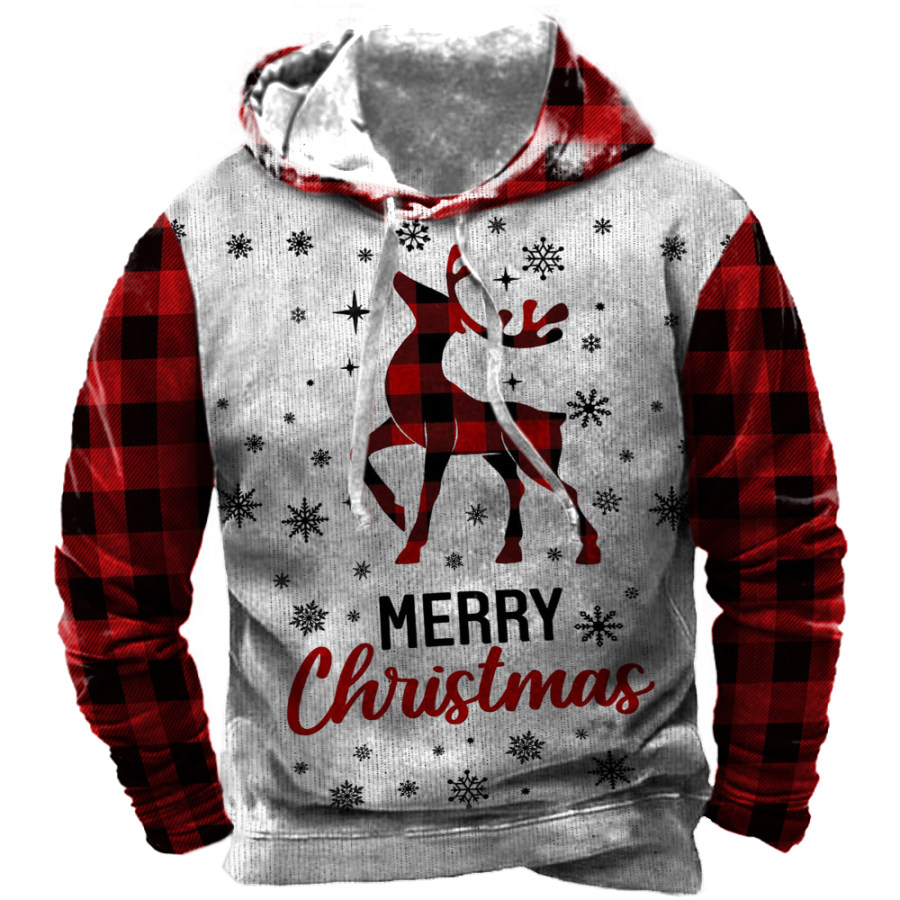 

Men's Vintage Christmas Elk Plaid Plaid Print Hooded Sweatshirt