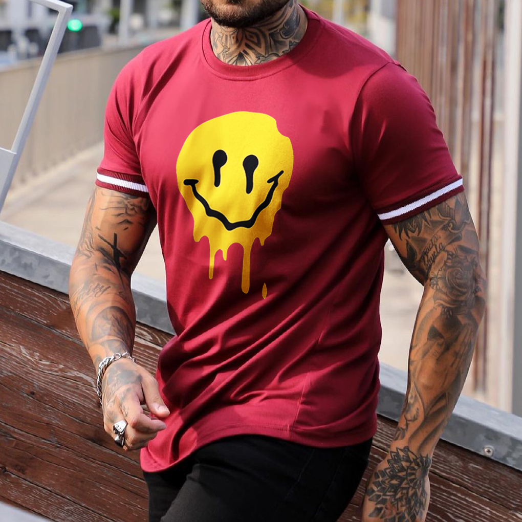 Men's Fashion Smiley Print Color Matching Casual Slim Fit Short Sleeve T Shirt