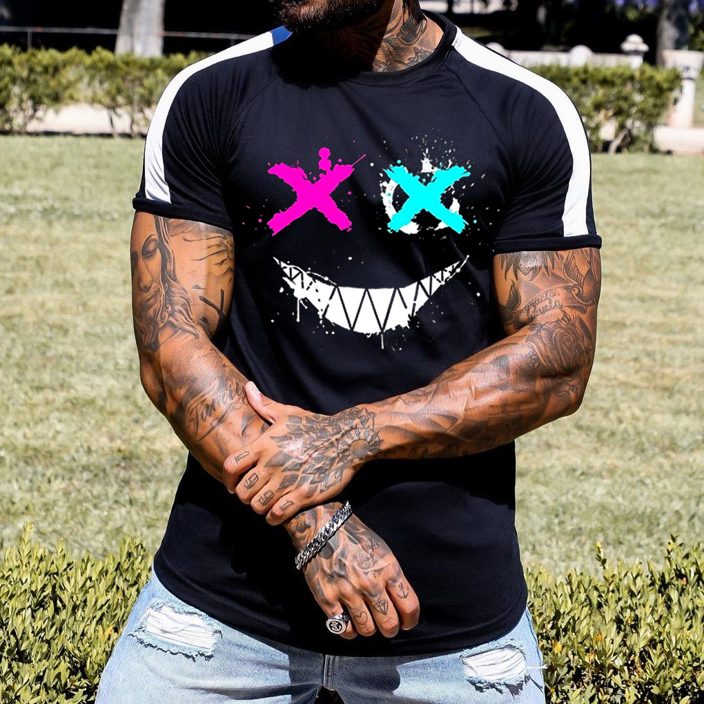Men's Fashion Smiley Print Color Matching Casual Slim Fit Short Sleeve T Shirt