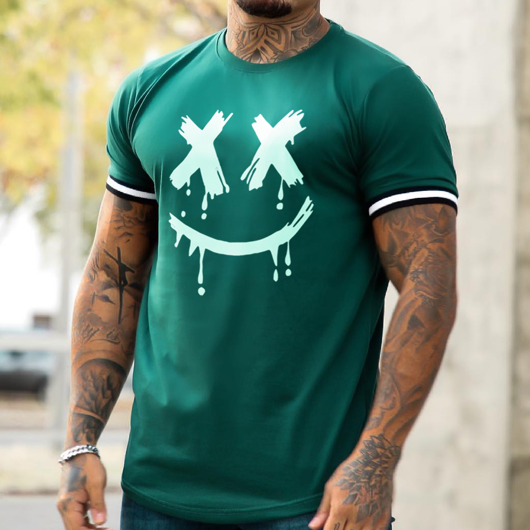 Men's Fashion Smiley Print Color Matching Casual Slim Fit Short Sleeve T Shirt