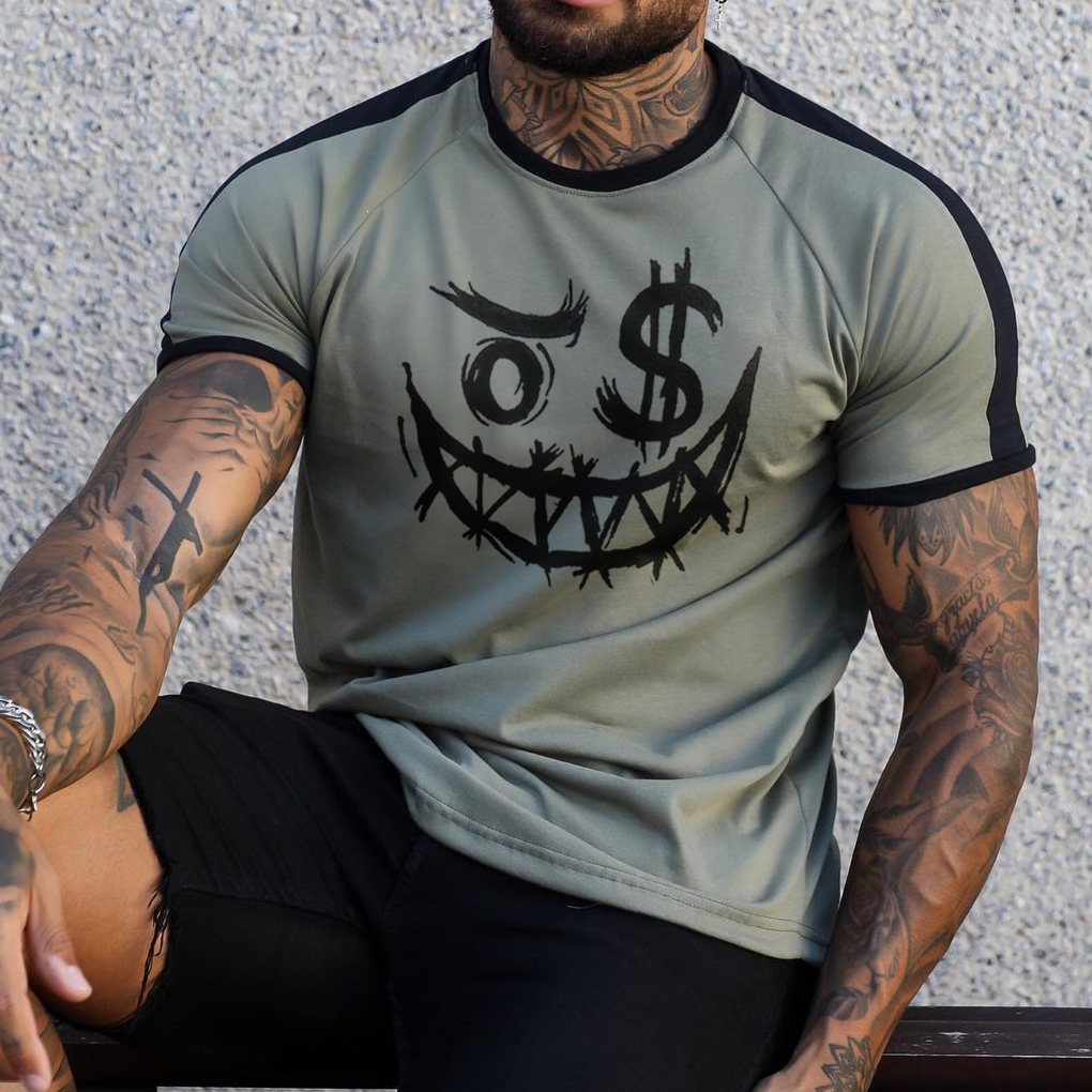 Men's Fashion Smiley Print Color Matching Casual Slim Fit Short Sleeve T Shirt