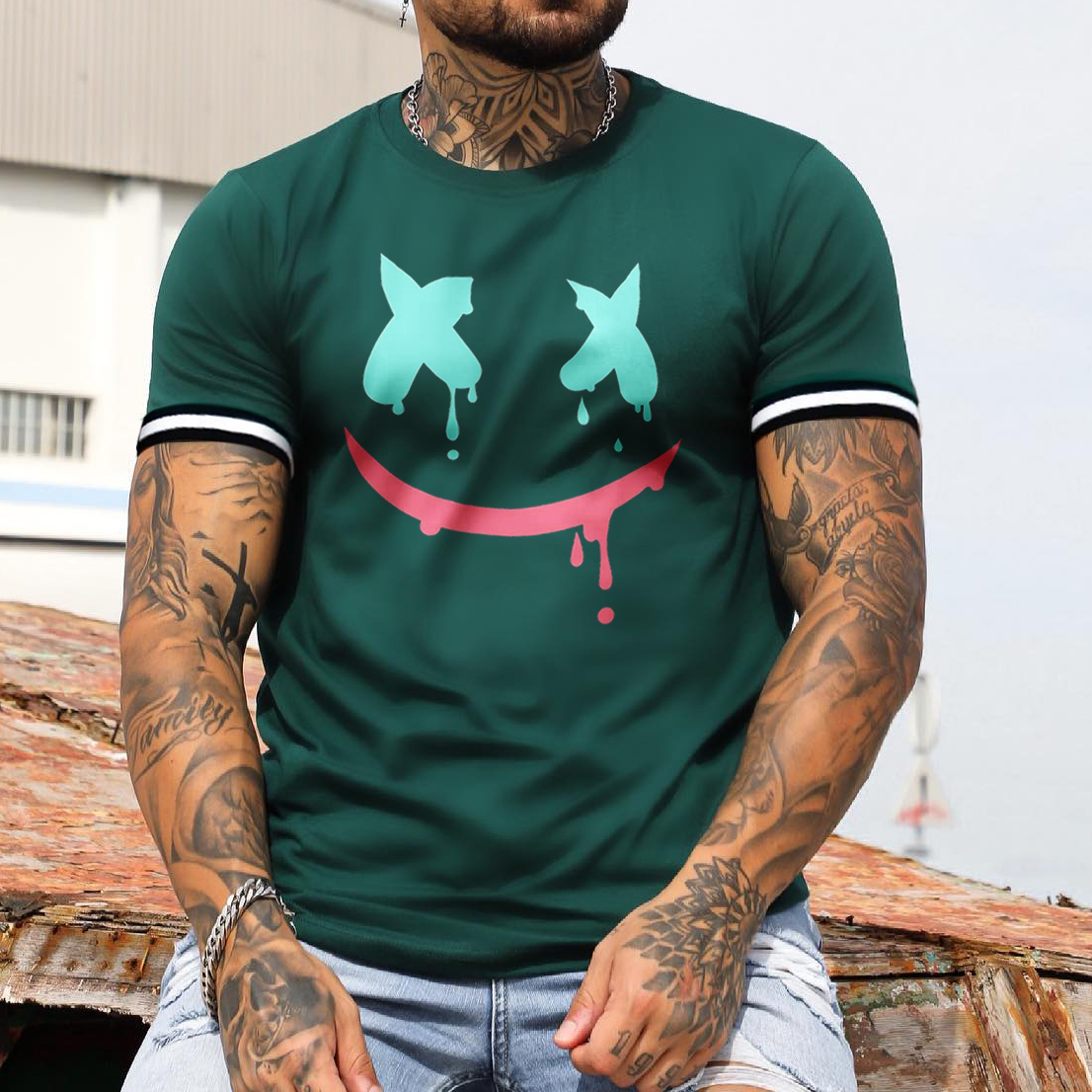 Men's Fashion Smiley Print Color Matching Casual Slim Fit Short Sleeve T Shirt