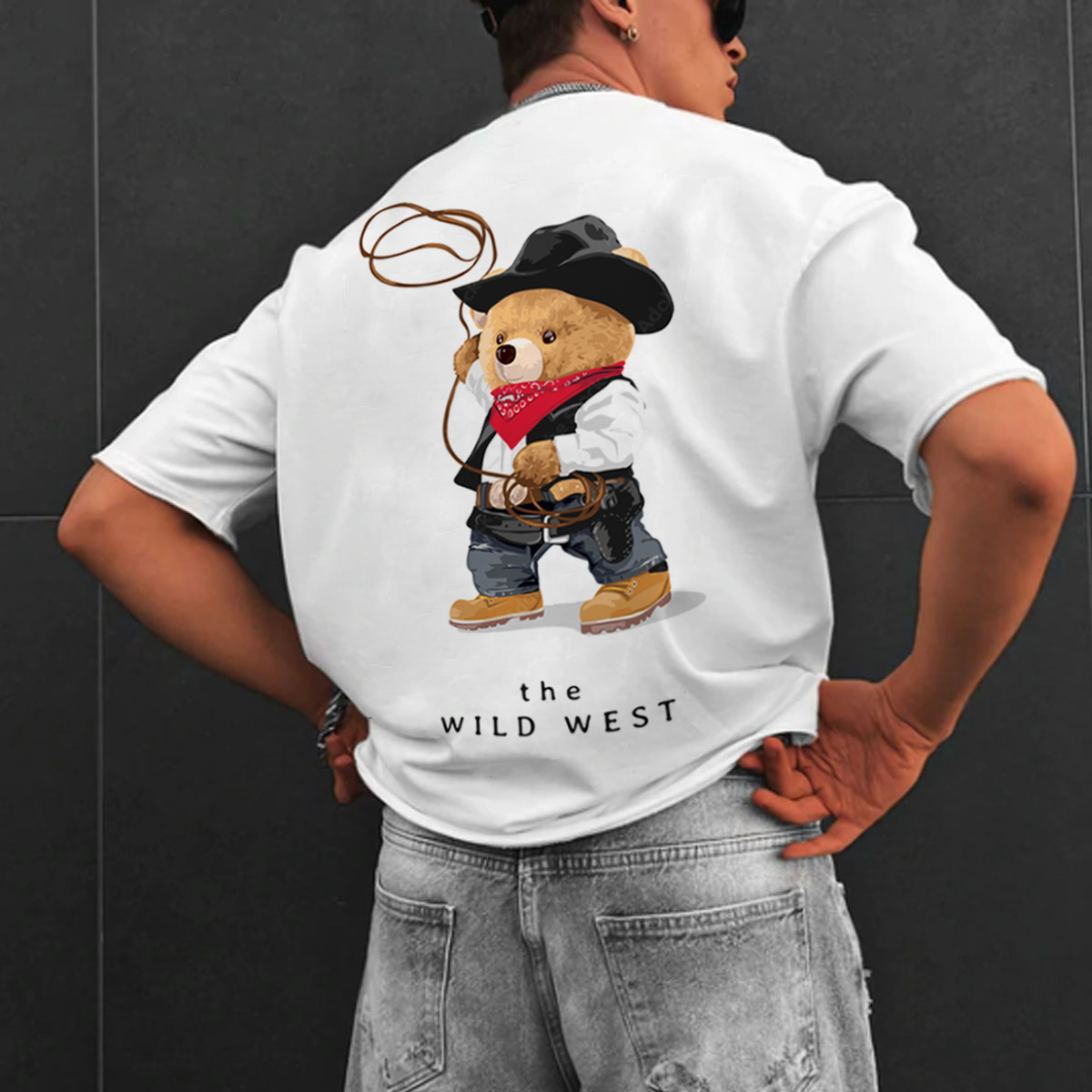 Men's Fashion Casual American Cowboy The Wild West Teddy Bear Print T Shirt