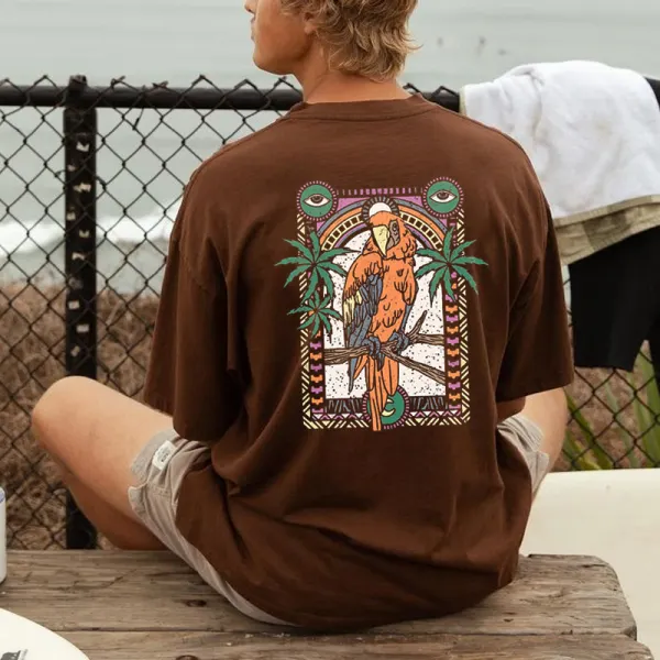 T-shirt De Surf D'été Imprimé Perroquet Rétro Pour Homme - Faciway.com 