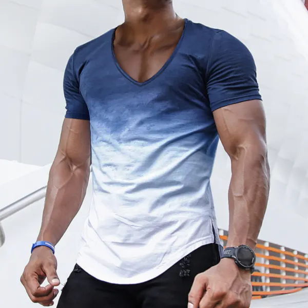 Men's Casual Slim Short Sleeve T-Shirt Sports Fitness Running Gradient V Neck Tops - Nikiluwa.com 