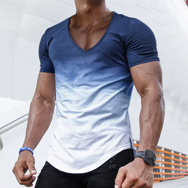 Men's Casual Slim Short Sleeve T-Shirt Sports Fitness Running Gradient V Neck Tops - Fineesa.chimpone.com 