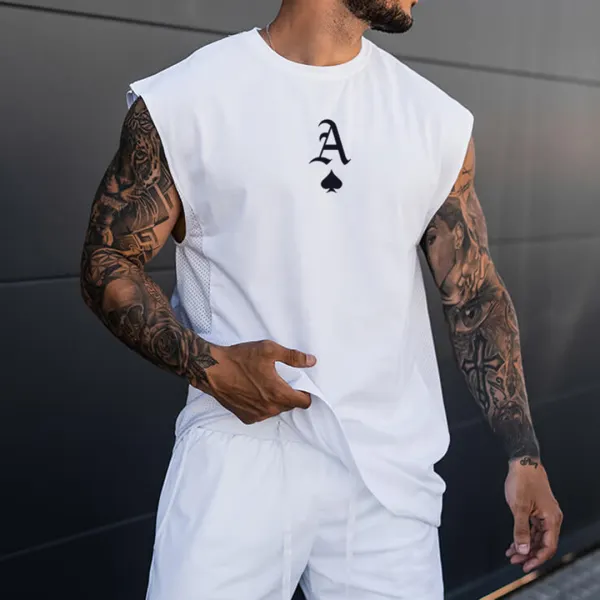 Men's Fashion Ace Of Spades Print Tank Top Casual Mesh Patchwork Breathable Sleeveless T-Shirt - Cotosen.com 