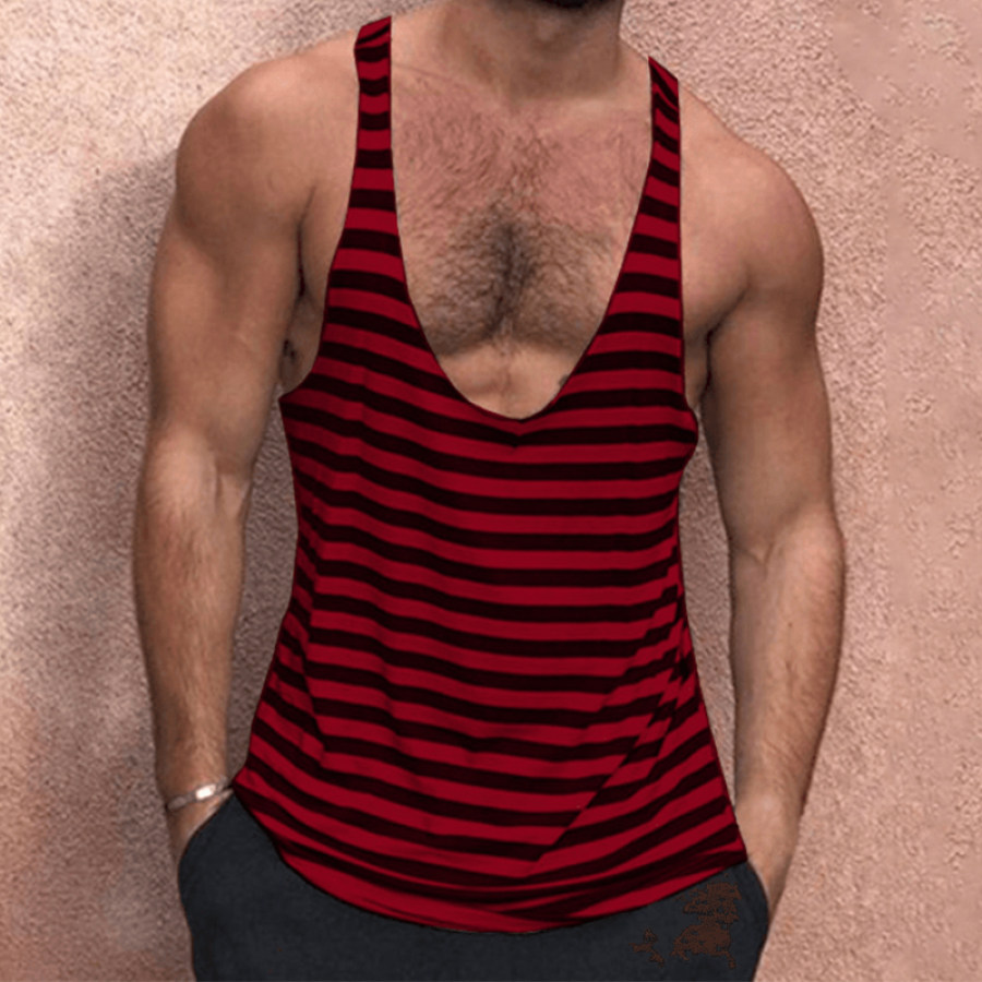 

Men's Solid Color Deep V Neck Tank Top Casual Breathable Sweat Wicking Striped T-Shirt