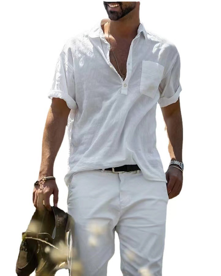 Men's Cotton Linen Loose Chic Casual Lapel T-shirt