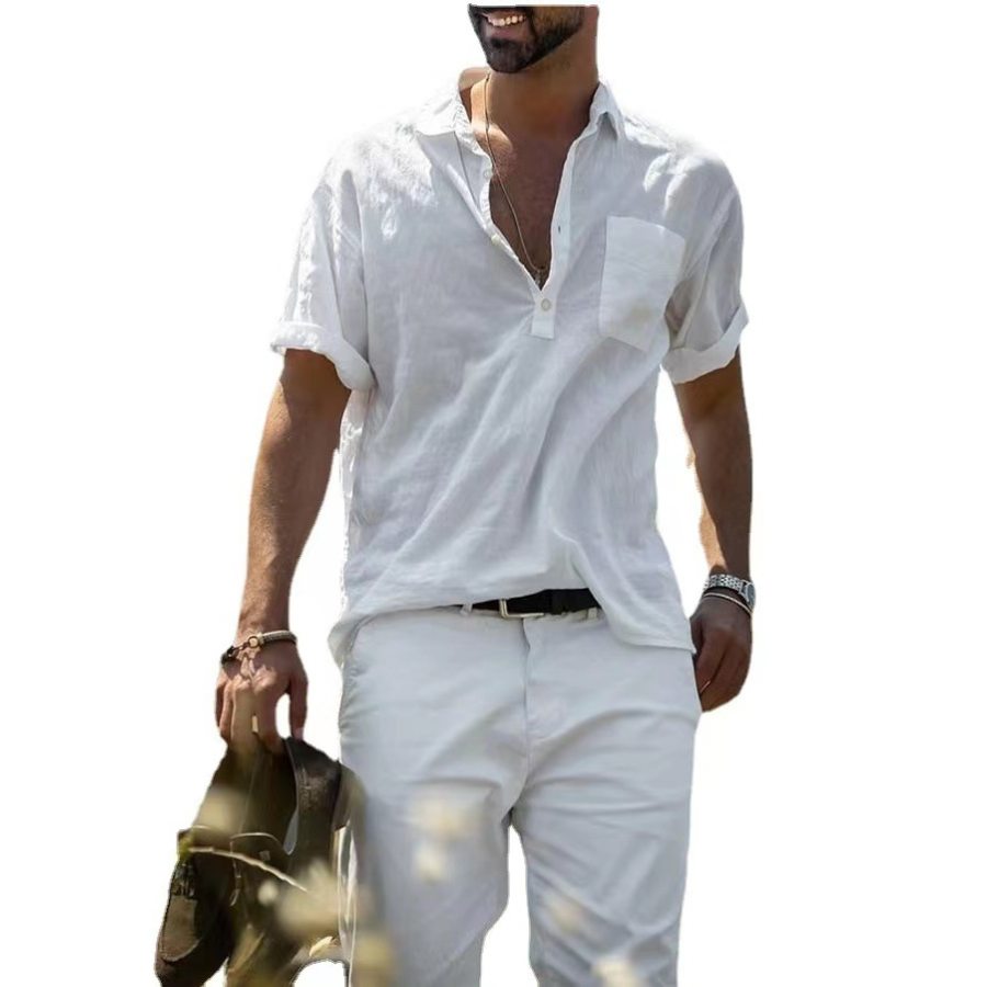 

Men's Cotton Linen Loose Casual Lapel T-Shirt
