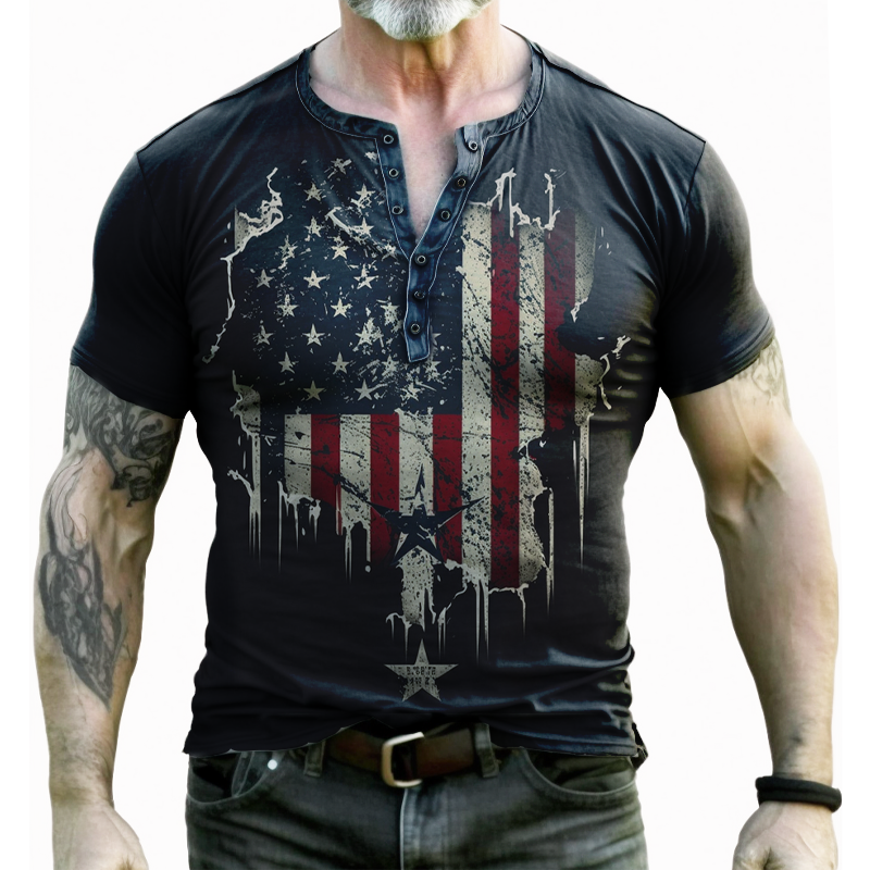Men's Vintage American Flag Chic Irregular Print Henley Collar T-shirt