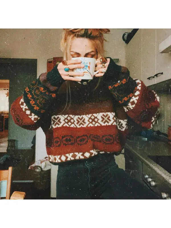 Women Vintage Round Neck Knitted Sweater - Fashionmia.chimpone.com 