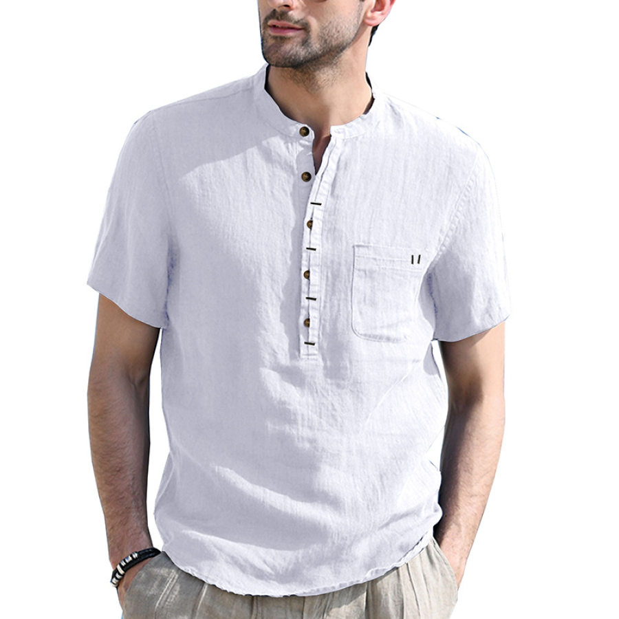 

Men's Breathable Cotton Linen Henley Collar Pocket Short Sleeve