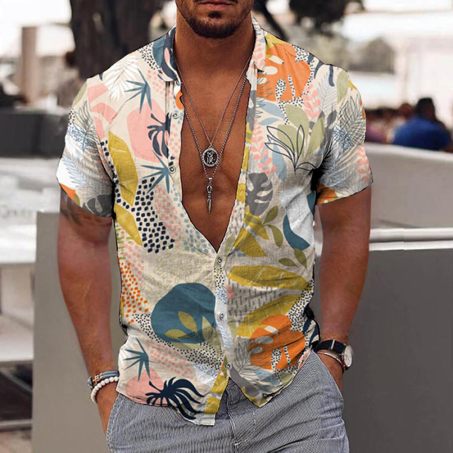 

Camicia Casual Da Uomo A Manica Corta Con Stampa Fogliame Tropicale