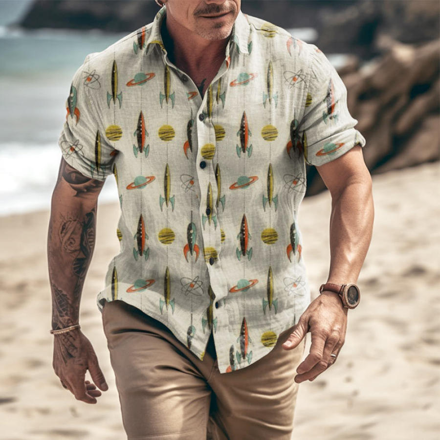 

Men's Retro Rockets Print Short Sleeve Casual Shirt