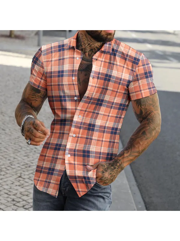 Men's Slim Fit Casual Check Shirt Short Sleeve Cardigan Top - Valiantlive.com 