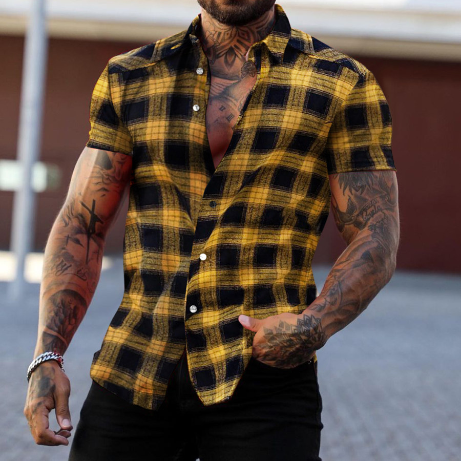 

Men's Slim Fit Casual Check Shirt Short Sleeve Cardigan Top