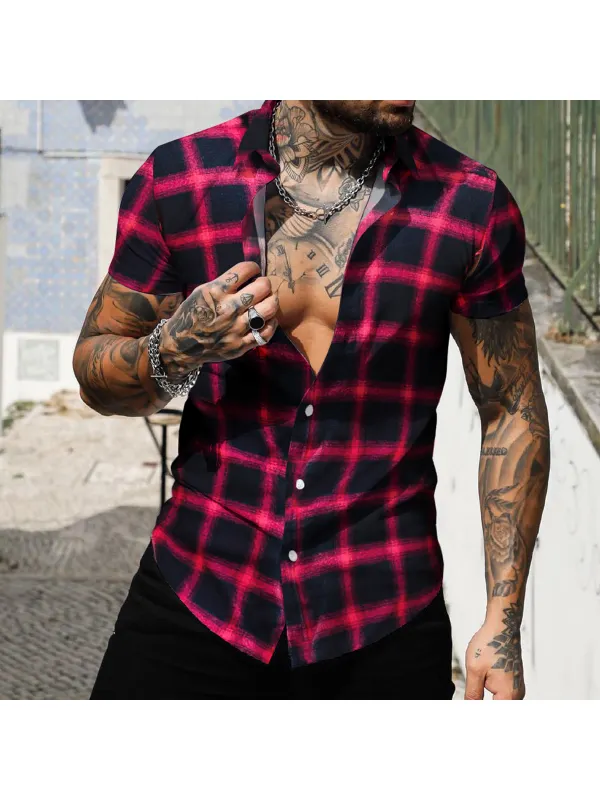 Men's Slim Fit Casual Check Shirt Short Sleeve Cardigan Top - Valiantlive.com 