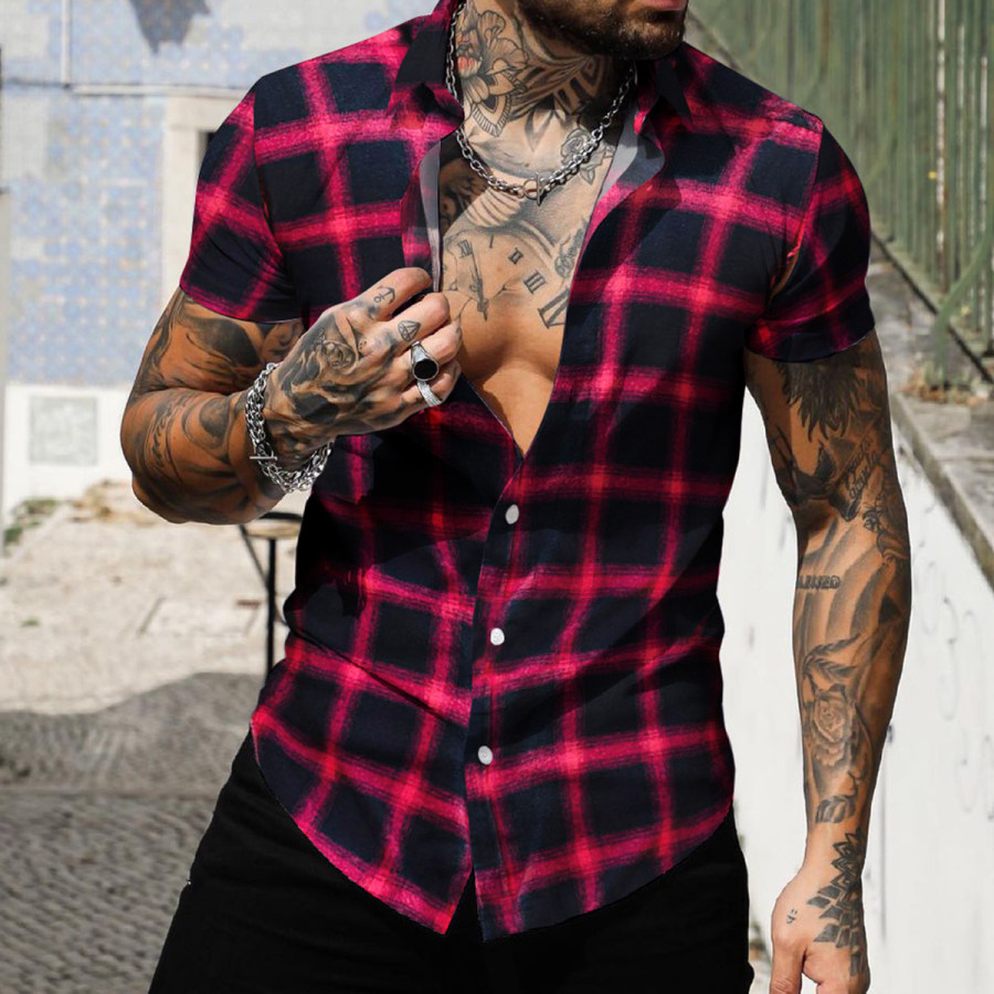 

Men's Slim Fit Casual Check Shirt Short Sleeve Cardigan Top
