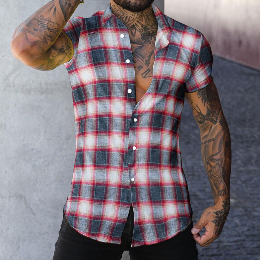 

Men's Slim Fit Casual Check Shirt Short Sleeve Cardigan Top