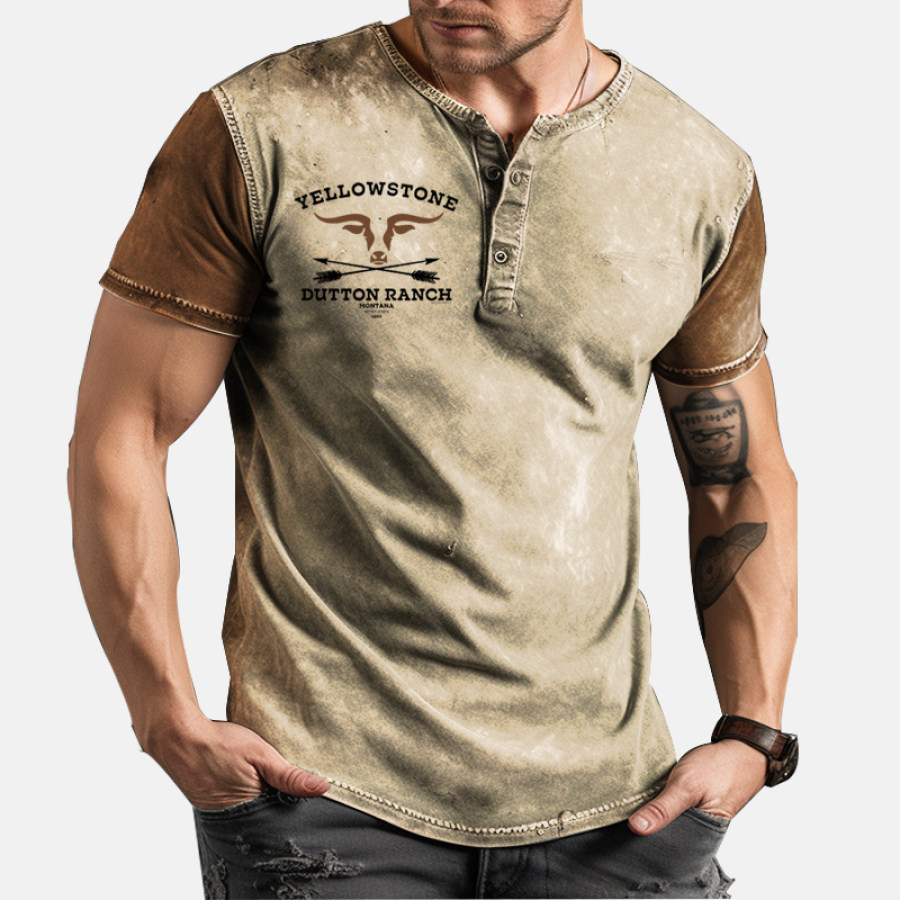 

Men's Stretch Vintage Western Yellowstone Henley Collar Short Sleeve T-Shirt