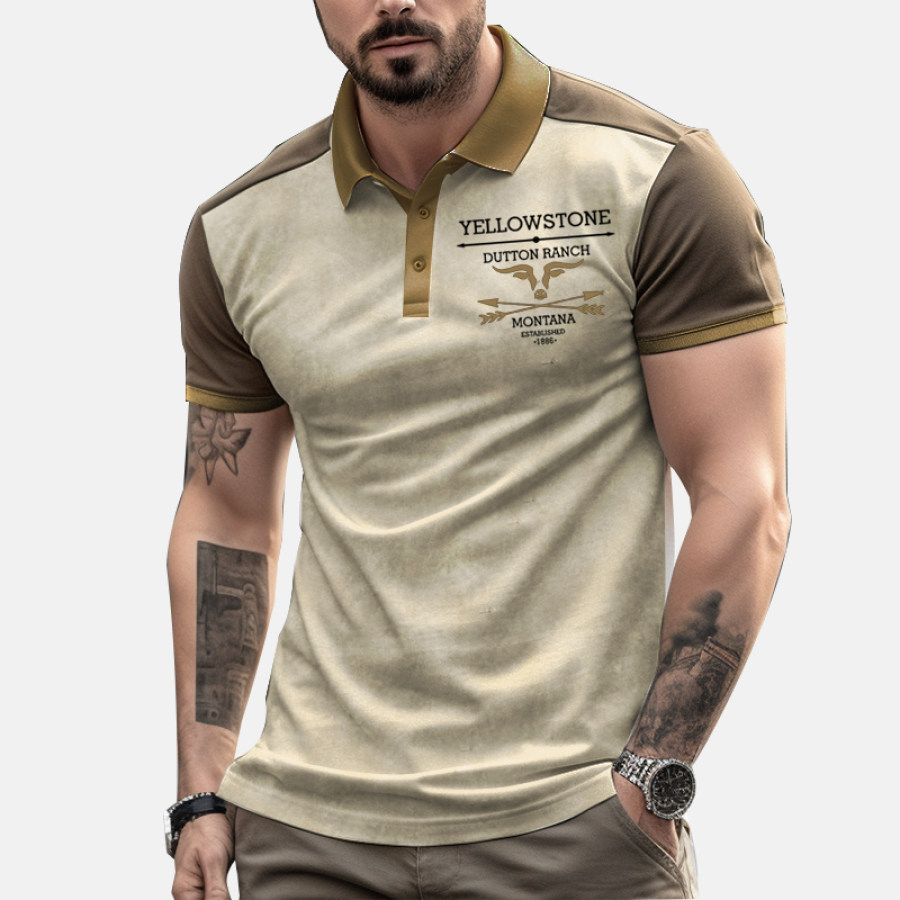 

Men's Stretch Vintage West Yellowstone Graphic Print Polo Neck Short Sleeve T-Shirt