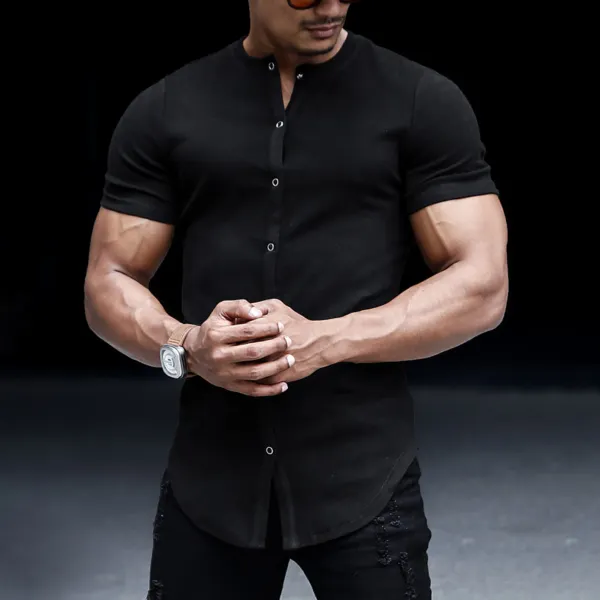 Men's Casual Slim Solid Color Short Sleeve Shirt Outdoor Fitness Sports Running Pure Cotton Stand Collar Cardigan - Chrisitina.com 