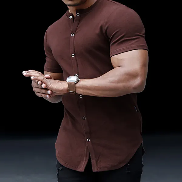 Men's Casual Slim Solid Color Short Sleeve Shirt Outdoor Fitness Sports Running Pure Cotton Stand Collar Cardigan - Villagenice.com 