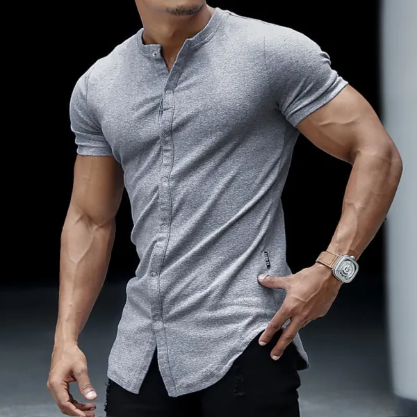 Men's Casual Slim Solid Color Short Sleeve Shirt Outdoor Fitness Sports Running Pure Cotton Stand Collar Cardigan - Blaroken.com 