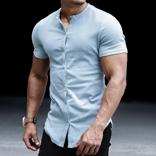 Men's Casual Slim Solid Color Short Sleeve Shirt Outdoor Fitness Sports Running Pure Cotton Stand Collar Cardigan - Fineyoyo.com 