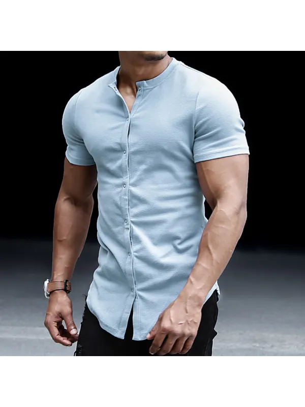 Men's Casual Slim Solid Color Short Sleeve Shirt Outdoor Fitness Sports Running Pure Cotton Stand Collar Cardigan - Valiantlive.com 