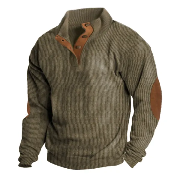 Cotosen Original Design Men's Corduroy Patchwork Color Block Casual Stand Collar Henley Sweatshirt 