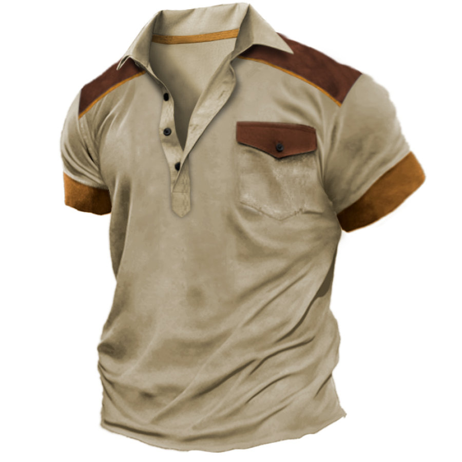 

Men's Vintage Colorblock Pocket Lapel T-Shirt