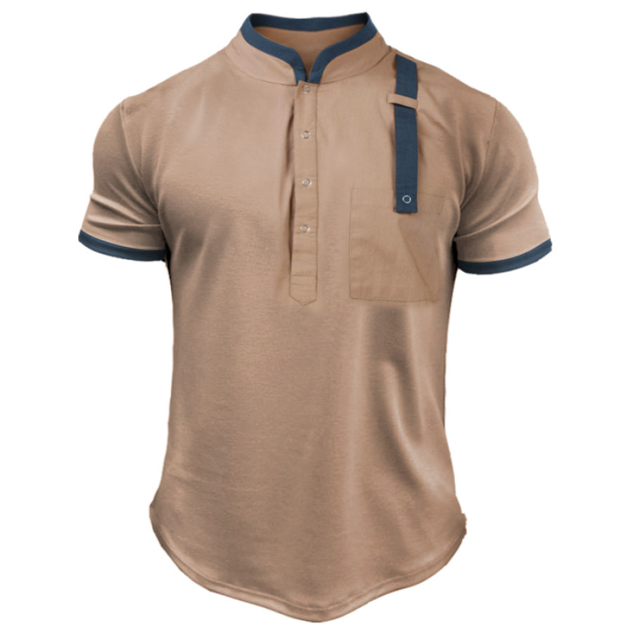 

Men's Retro Creative Pocket Contrasting Color Stand Collar T-Shirt
