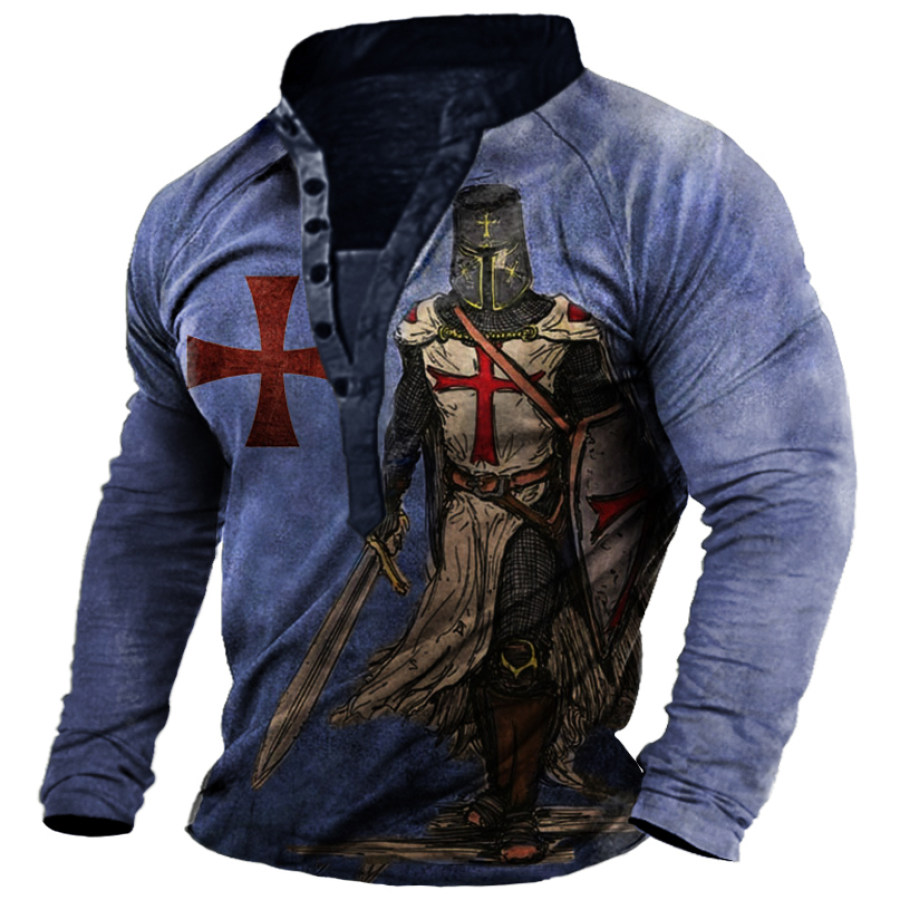 

Men's Vintage Templar Cross Long Sleeve Henley T-Shirt