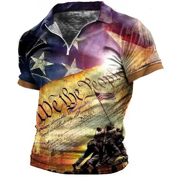 Men's Vintage American Flag Independence Day Zip Polo T-Shirt - Cotosen.com