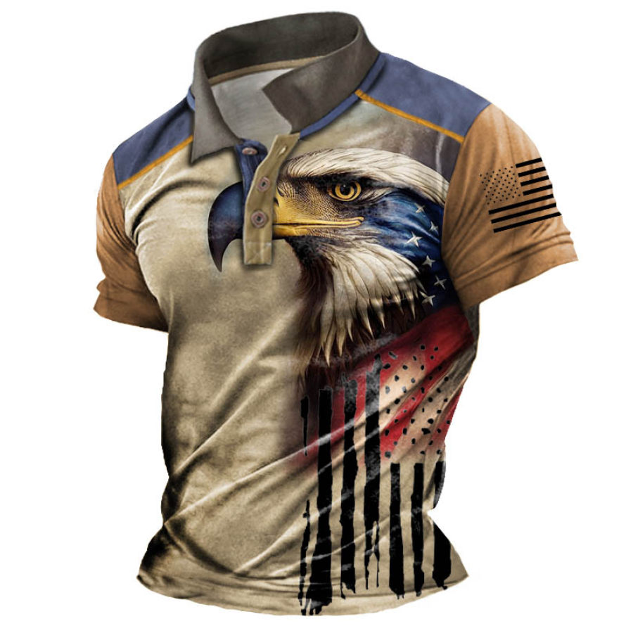 

Men's Vintage American Flag Eagle Colorblock Polo T-Shirt