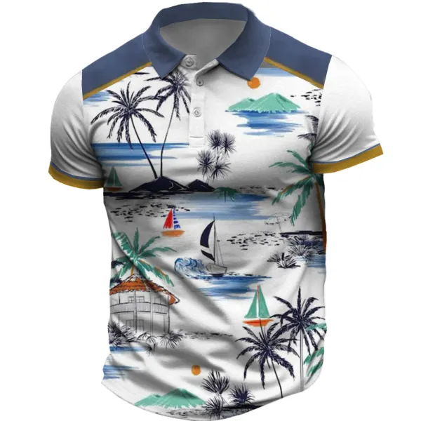 Men's Summer Coconut Tree Print Polo Collar T-Shirt - Cotosen.com