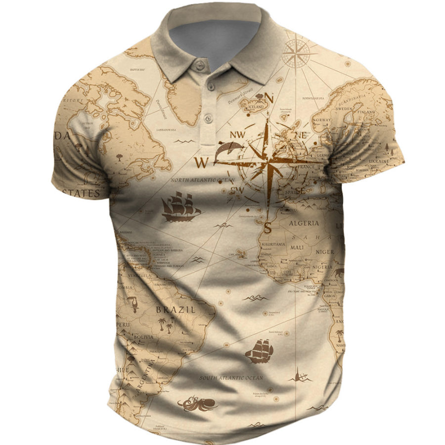 

Men's Vintage Nautical Map Compass Print Polo Collar T-Shirt